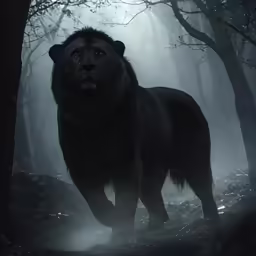 the lion is walking in a dark and mysterious forest