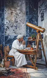 a man sitting at a table looking up into a telescope