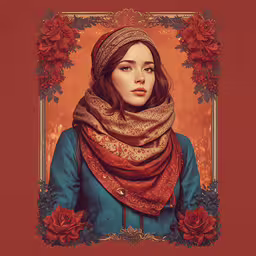 a painting of a woman wearing a scarf,a portrait of a girl in blue with brown scarf and red flower trim