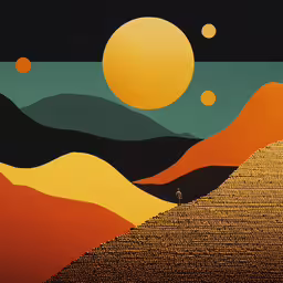 a painting shows an orange sky and mountains,an abstract painting with mountains and hills in the background