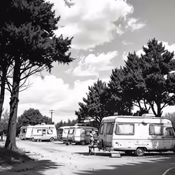 three recreational vans parked in a field behind a couple trees