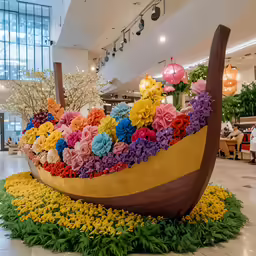 a big boat has large flowers in it