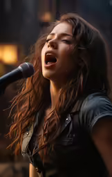a young woman singing into a microphone in front of a building