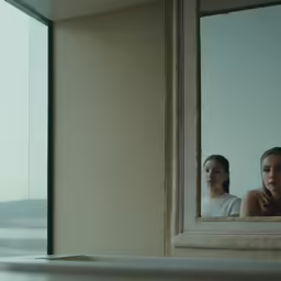a reflection of two women in the mirror