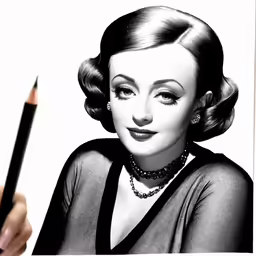 a woman holding a pencil drawing with black and white