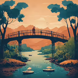 a painting of people standing on a bridge over water,a couple of boats that are under a bridge