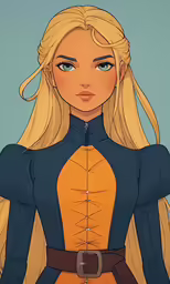a drawing of a blonde haired woman in a blue dress