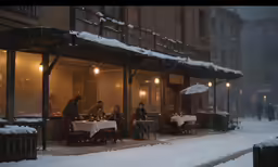people are sitting at a table on a snowy day