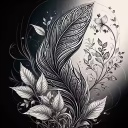 black and white illustration of leaves, butterflies, and flowers on a dark background