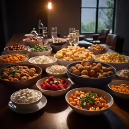the table is set up with all sorts of food