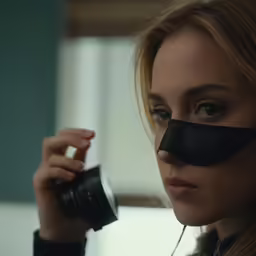 woman in black shirt holding camera and tape on nose