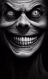 a creepy clown smiling with his teeth down