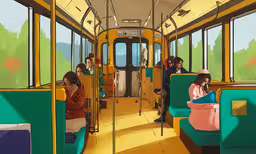 people sitting on a train with their cell phones,an illustration of people sitting inside a bus