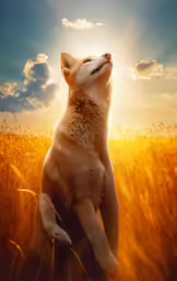 a dog in the sun is sitting in a field