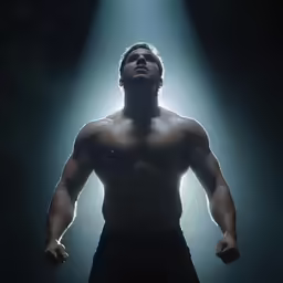 the man is muscular while looking to his left
