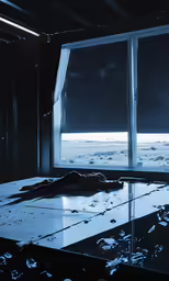 a picture of a room with large windows and night sky