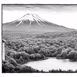 black and white landscape of mountain, trees, and pond