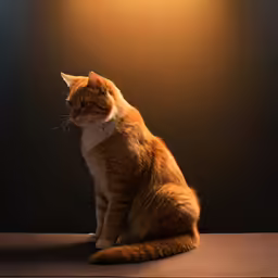 a cat is sitting on the floor with a light above it