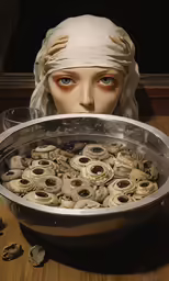 a lady statue holding a pan full of dried donuts