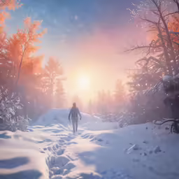 a person is walking in the middle of a snowy landscape