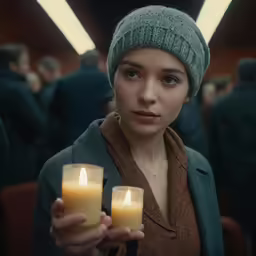 a young woman holds two candles with both hands