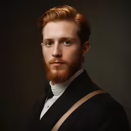 a bearded man with orange hair and a black suit