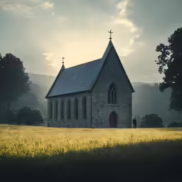 a church in the middle of a grassy field