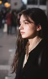 young woman with long hair in black jacket staring away from camera