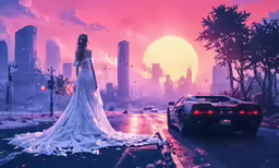 a woman in an elegant white gown stands by a car on a city street in the sunset