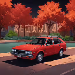 a painting of an old car parked on the curb,red hatchback car parked on a city street