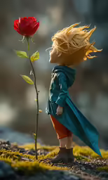 a doll that is holding a rose near it