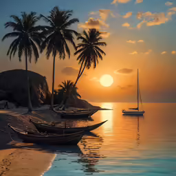 some boats that are in the water by the beach