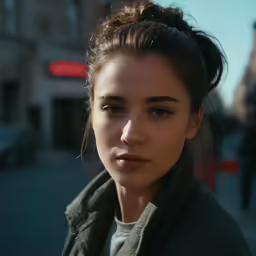 a girl with a messy hair standing in the street