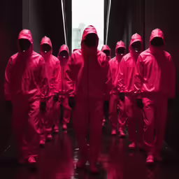 a group of men in bright red coveralls walk into a doorway