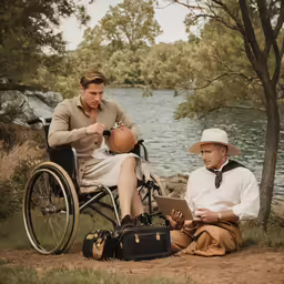 a man in a wheelchair talks to another man in a suit and tie