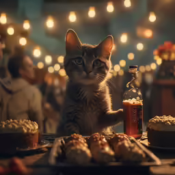 cat sitting on table next to pastries with lights in the background