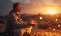 a man with a beard and a tan jacket sitting on the ground praying in front of a group of burning logs