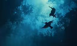 birds flying through the air in front of a tree filled forest