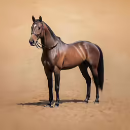 a brown horse standing on a sandy ground