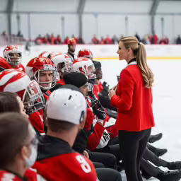a coach talking to her team while on the ice