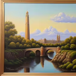 a painting of a bridge that has a light tower in it,a painting of a bridge and lighthouse in a lake