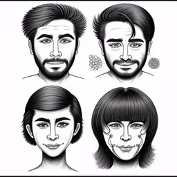 a man with different facial shapes,three face types, each with different hair,some drawing for a person to describe a particular facial expression,six different views of a man
