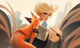 a painting of a woman in a orange suit