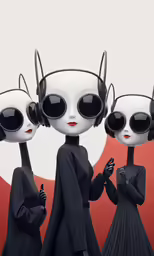 three dolls with black eyes stand with their heads in the air
