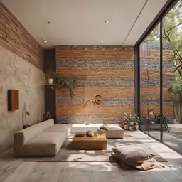modern living area with wood clad wall and floor