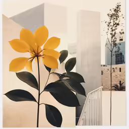 a yellow flower standing next to a white fence