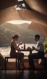 a man and woman sitting at a table enjoying wine