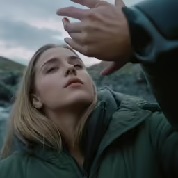 a woman in a green jacket touching a mans hand
