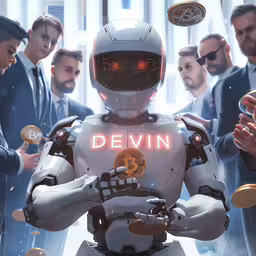 a group of men standing next to each other in front of a robot,a robot standing out from the crowd with a caption for devvin