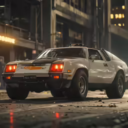 the white car is parked on a city street